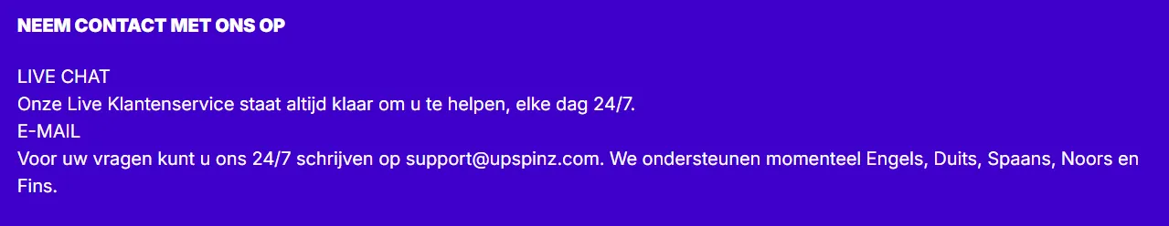 UpSpinz Casino klantenservice ondersteuning voor spelers